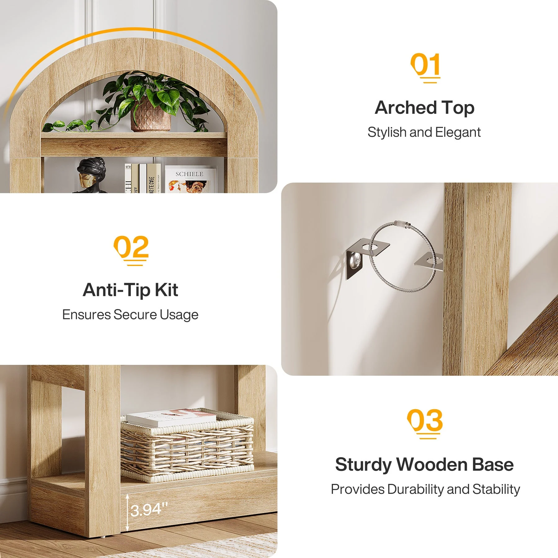 5-Tier Arched Bookshelf, Tall Bookcase Display Shelf for Living Room - Image 8