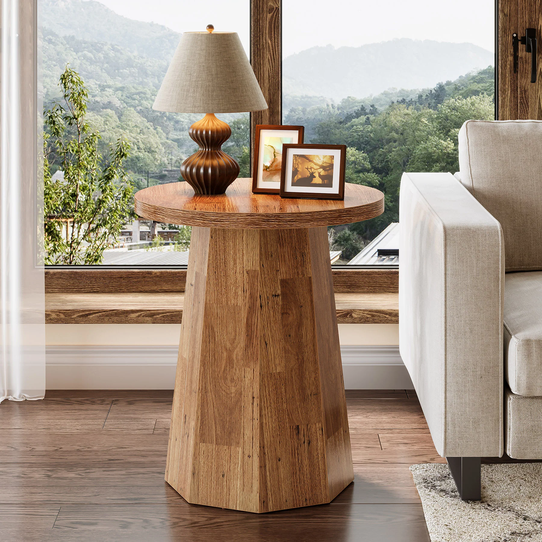 Round End Table, Wooden Couch Side Table with Octagonal Base - Image 10