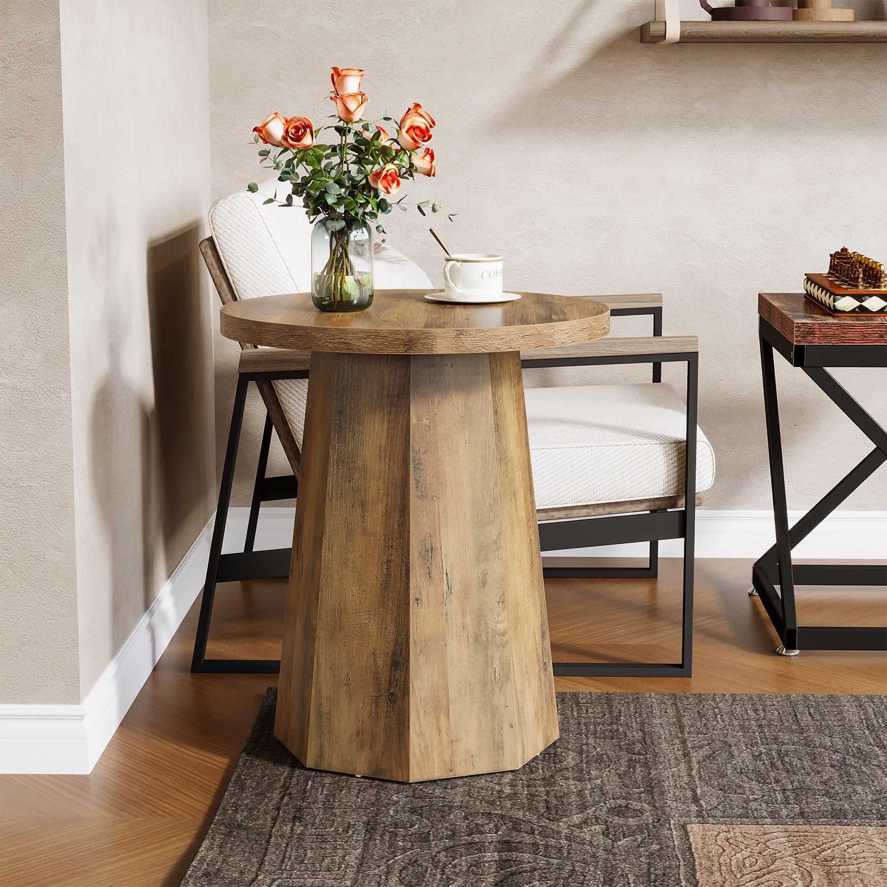 Round End Table, Wooden Couch Side Table with Octagonal Base - Image 4