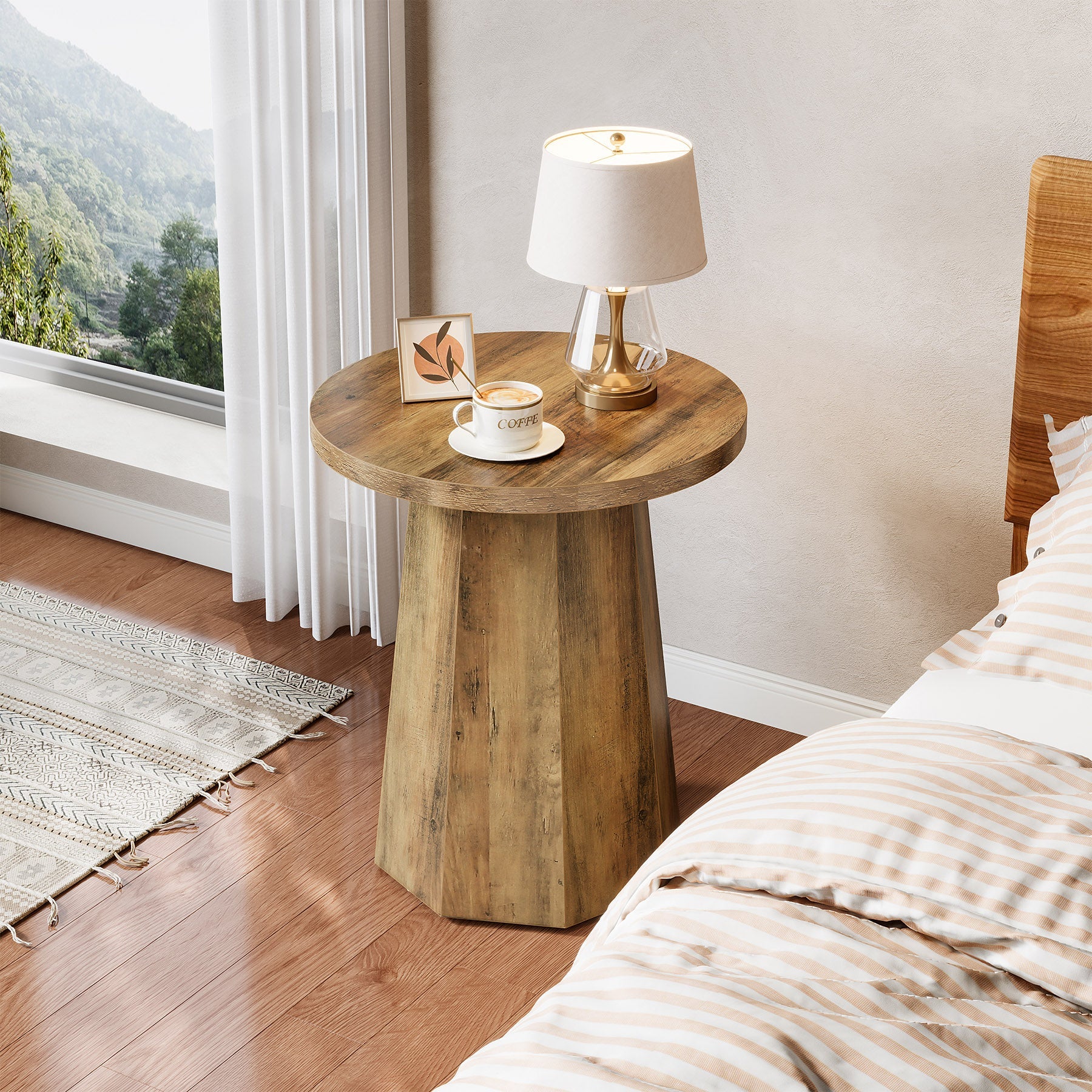 Round End Table, Wooden Couch Side Table with Octagonal Base - Image 5