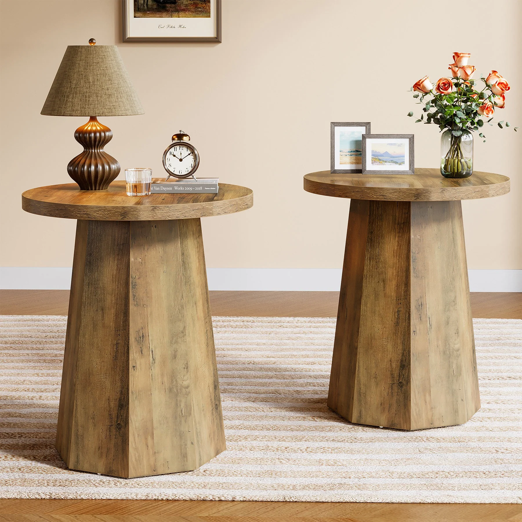 Round End Table, Wooden Couch Side Table with Octagonal Base - Image 6