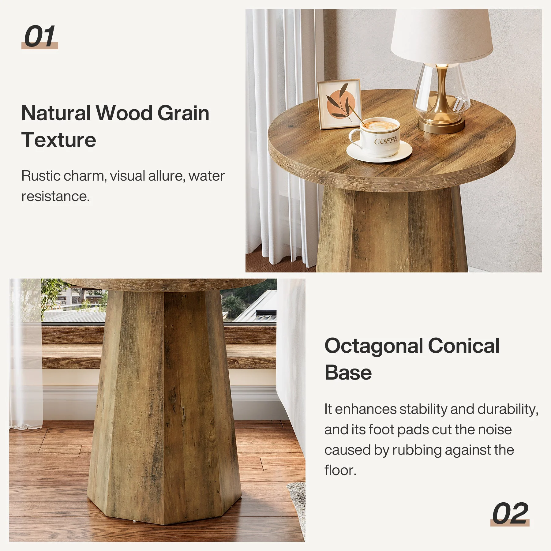 Round End Table, Wooden Couch Side Table with Octagonal Base - Image 7