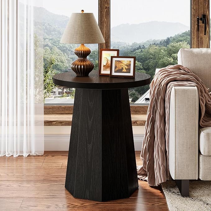Round End Table, Wooden Couch Side Table with Octagonal Base - Image 8