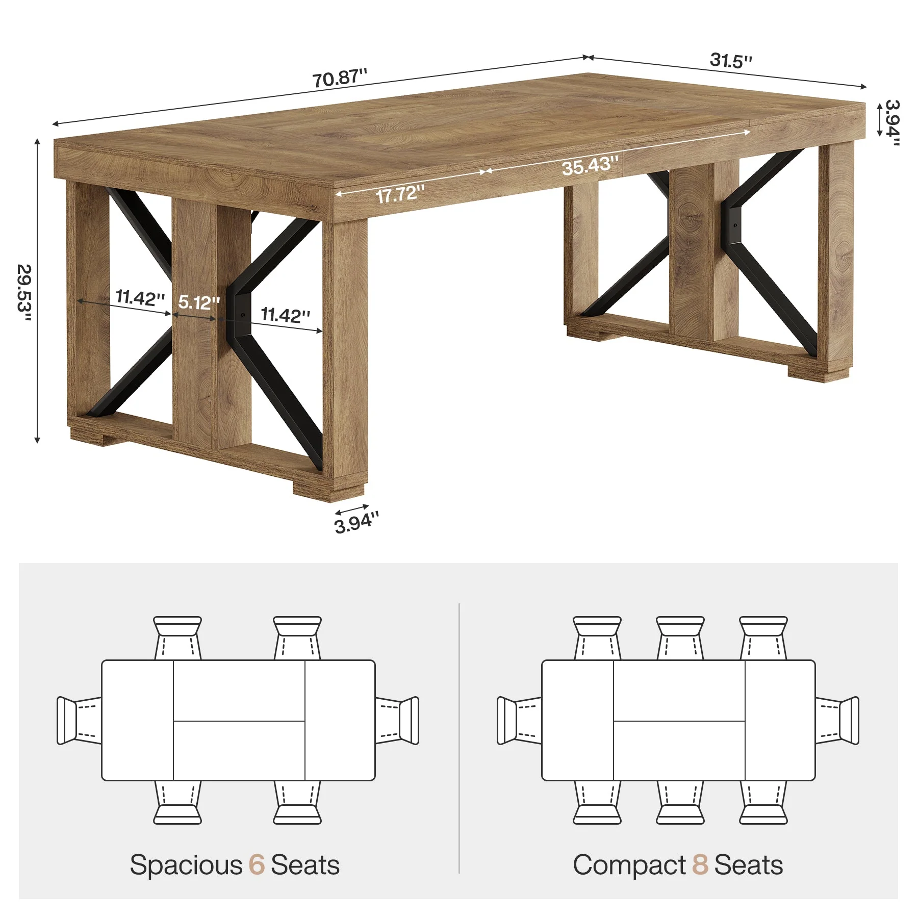 70.8" Dining Table, Wooden Kitchen Dinner Table for 6-8 People - Image 2