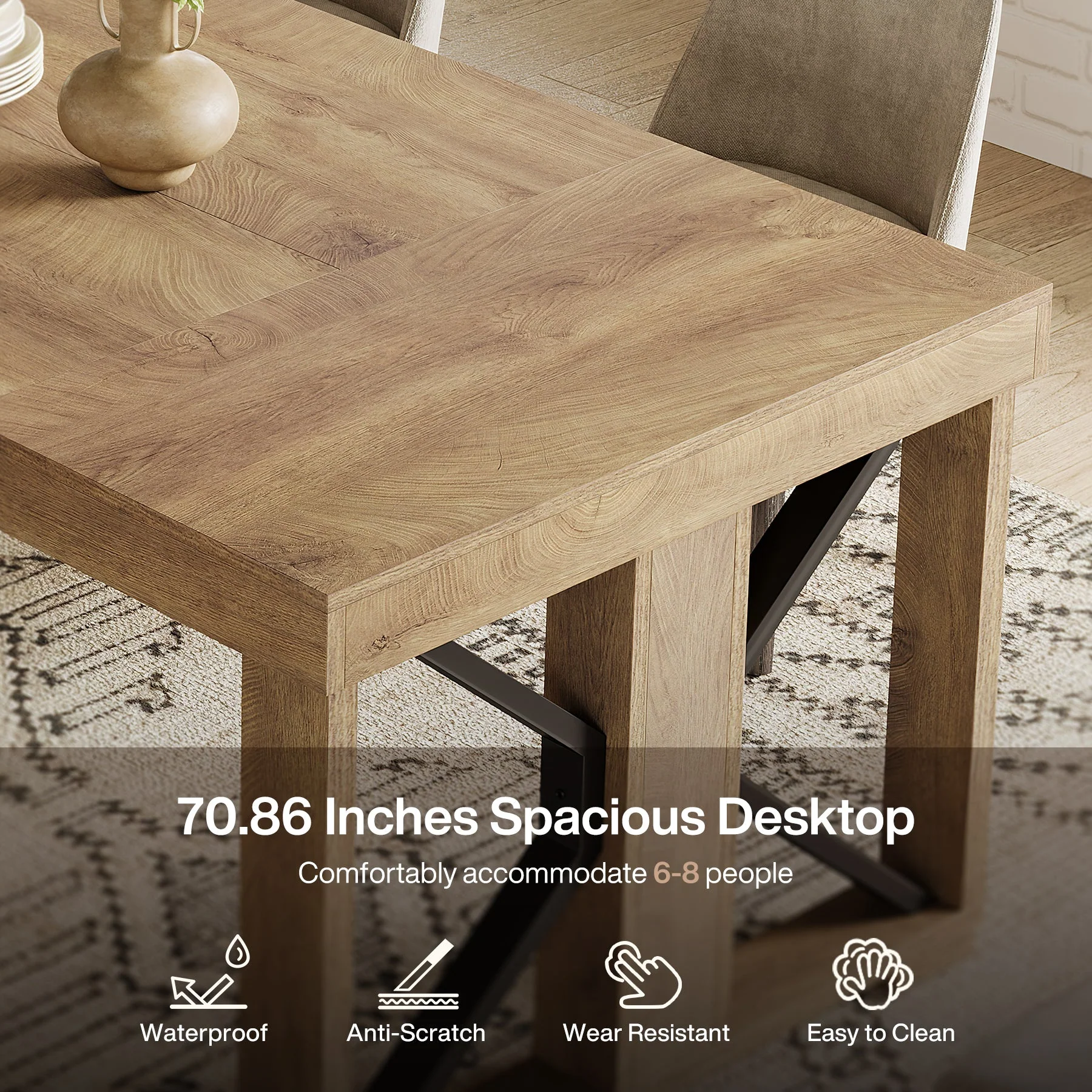 70.8" Dining Table, Wooden Kitchen Dinner Table for 6-8 People - Image 9