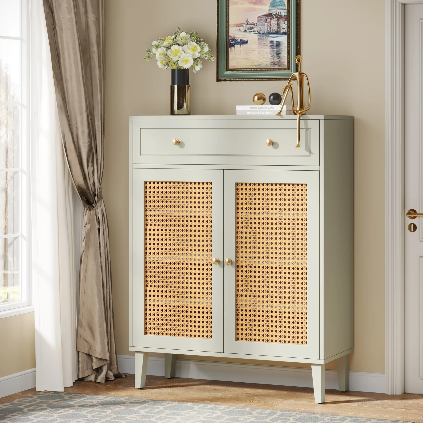 Wooden Shoe Cabinet, Rattan Shoe Organizer with Doors and Drawer - Image 3