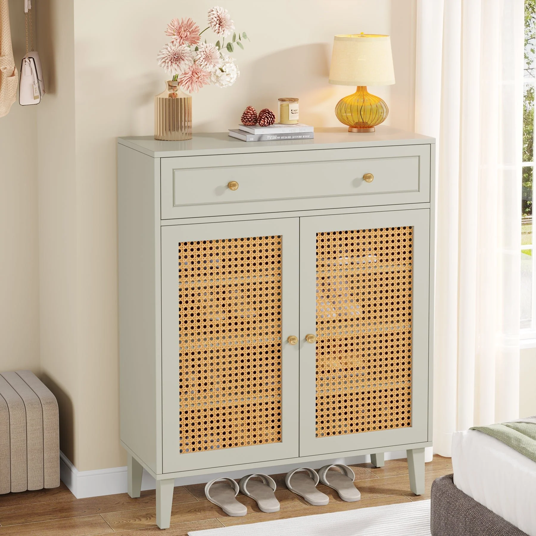 Wooden Shoe Cabinet, Rattan Shoe Organizer with Doors and Drawer - Image 4