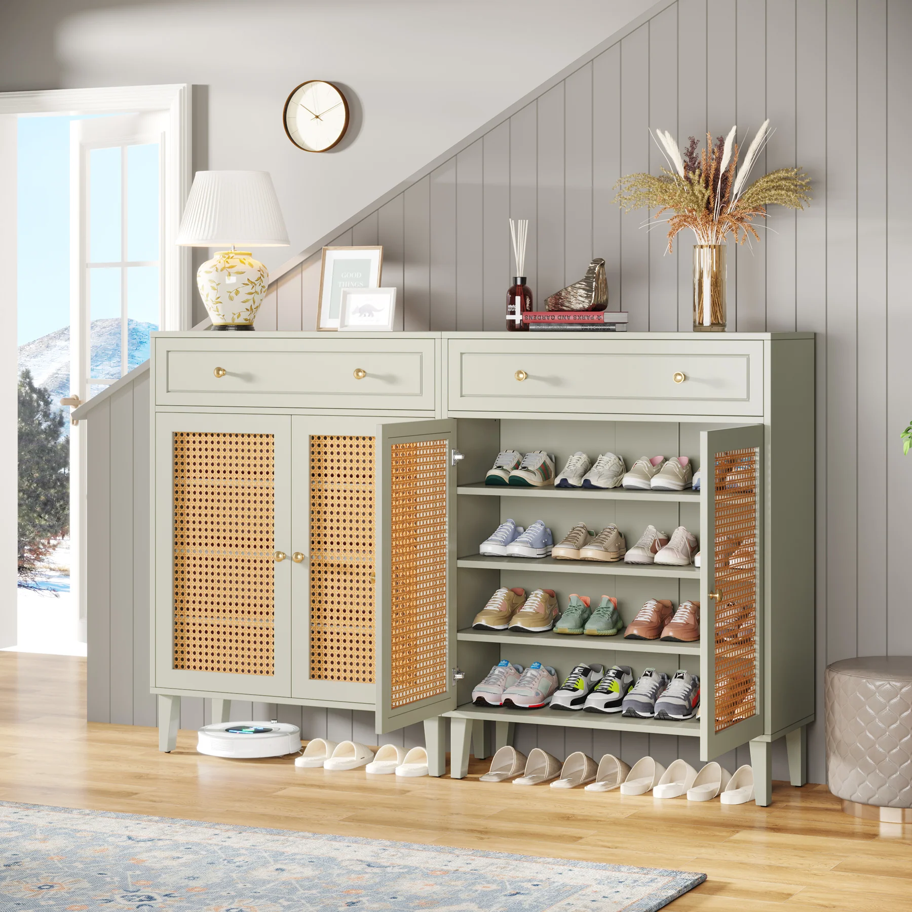 Wooden Shoe Cabinet, Rattan Shoe Organizer with Doors and Drawer - Image 5