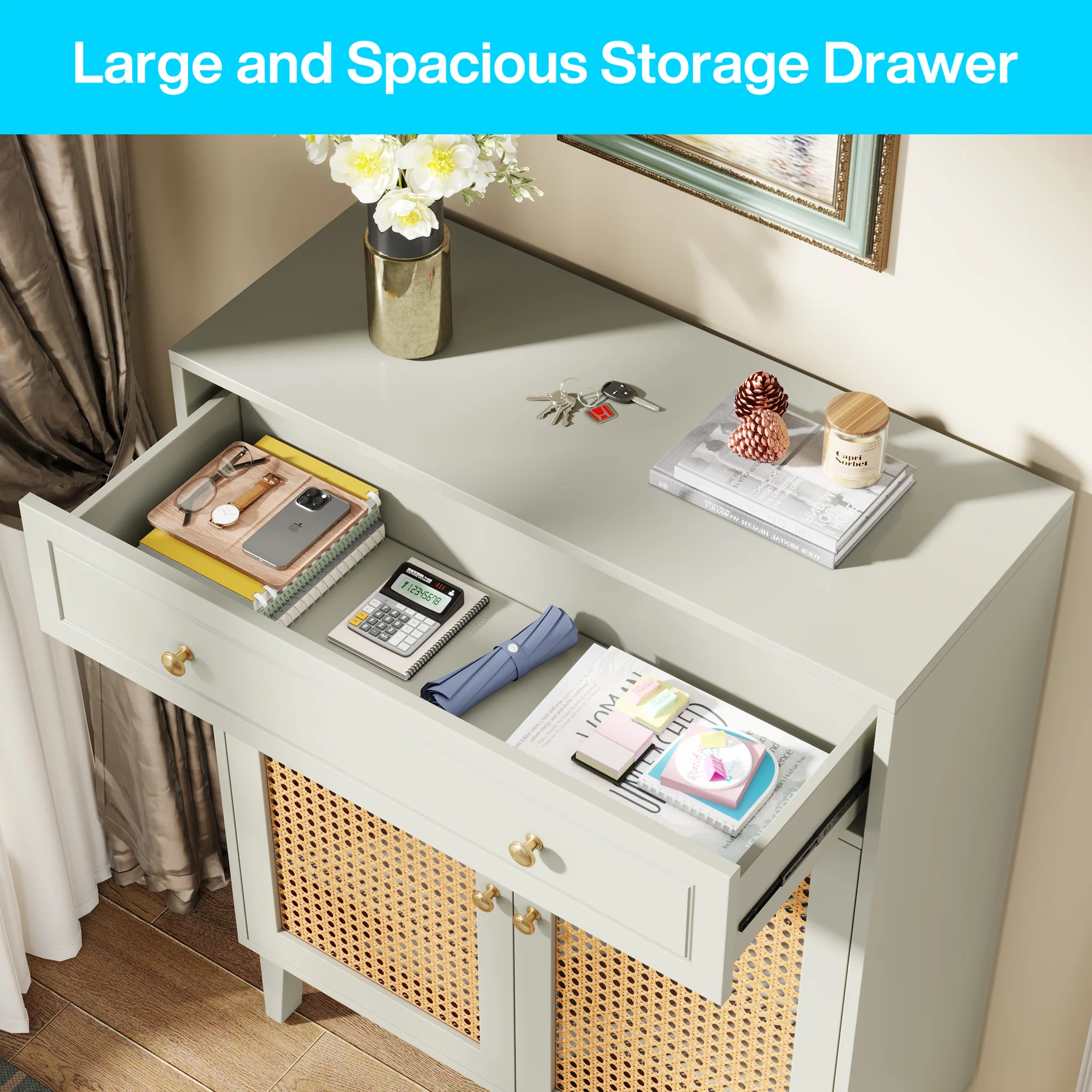 Wooden Shoe Cabinet, Rattan Shoe Organizer with Doors and Drawer - Image 6