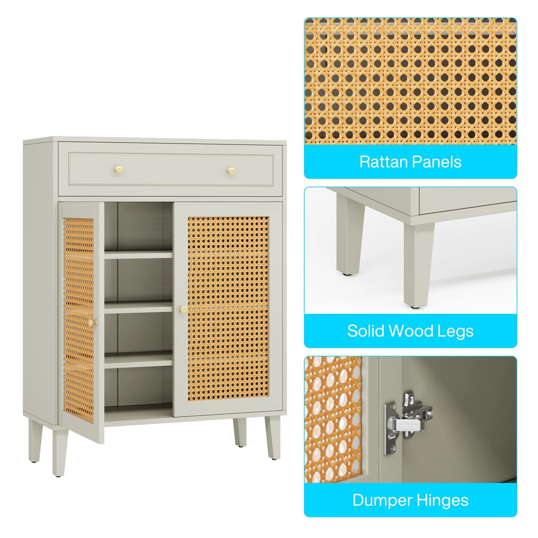 Wooden Shoe Cabinet, Rattan Shoe Organizer with Doors and Drawer - Image 7
