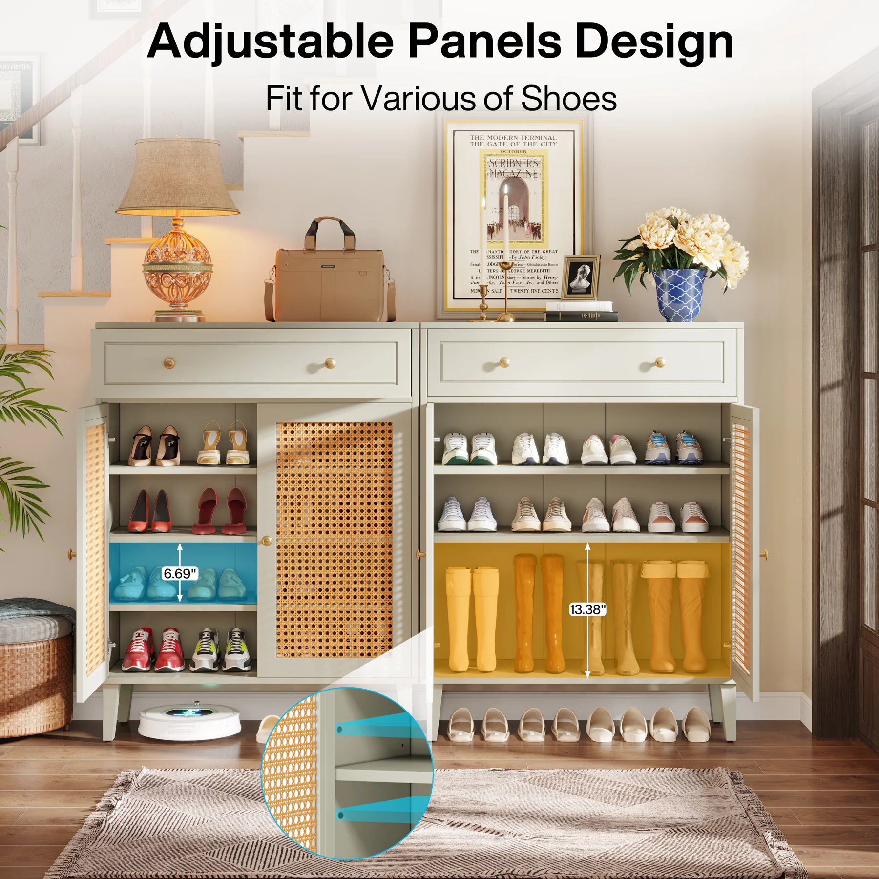 Wooden Shoe Cabinet, Rattan Shoe Organizer with Doors and Drawer - Image 8
