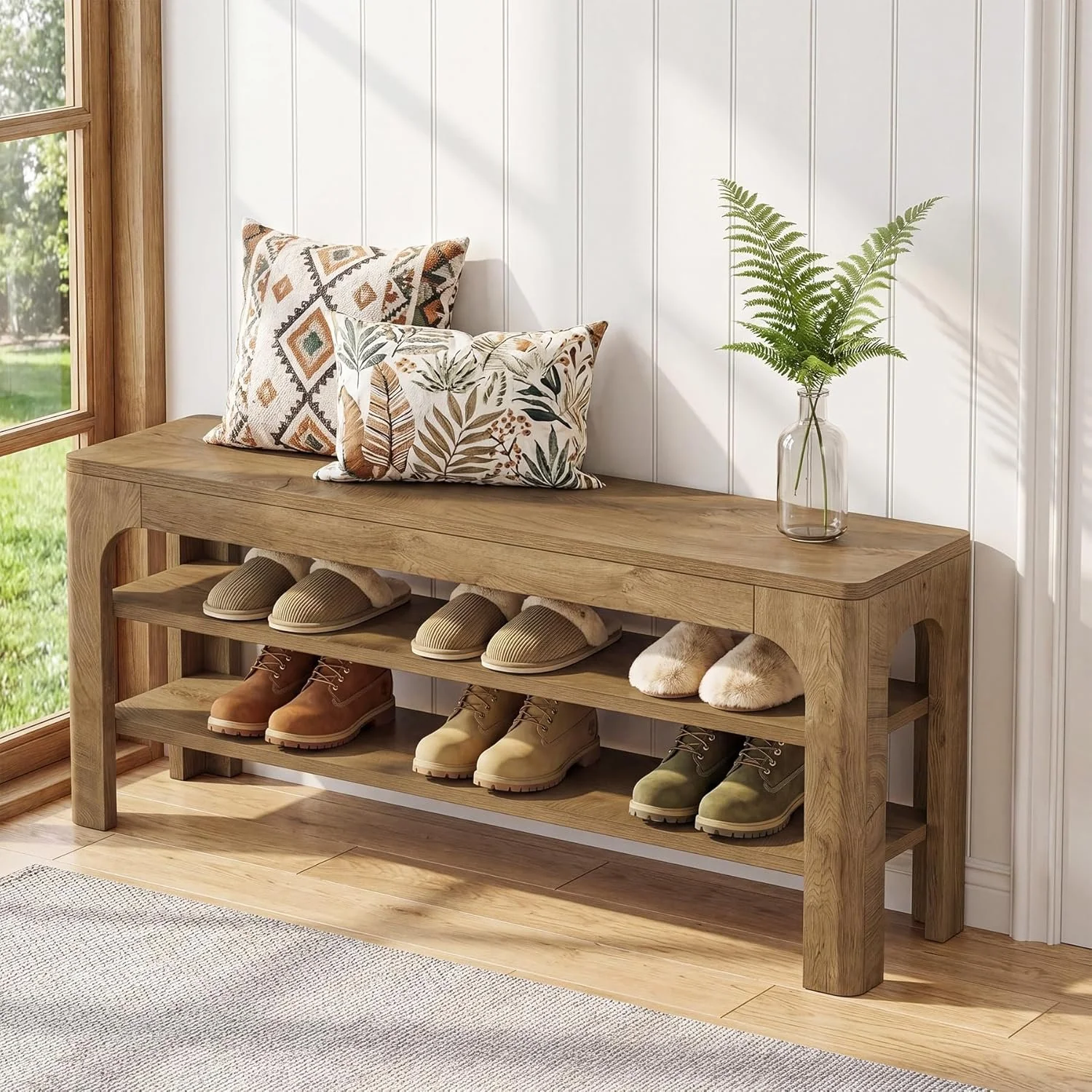 47.2" Wooden Shoe Storage Bench, Farmhouse Entryway Shoe Rack Bench with 2-Tier Open Shelves