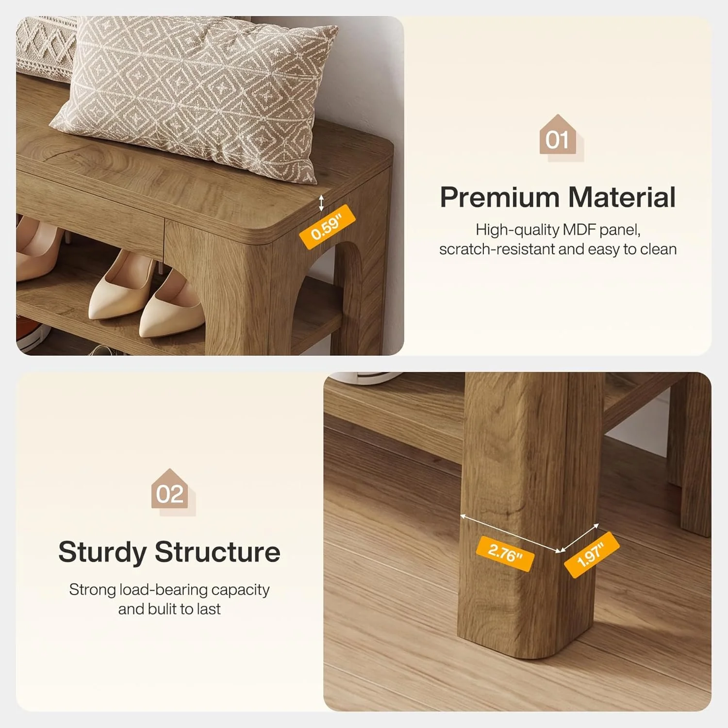 47.2" Wooden Shoe Storage Bench, Farmhouse Entryway Shoe Rack Bench with 2-Tier Open Shelves - Image 11