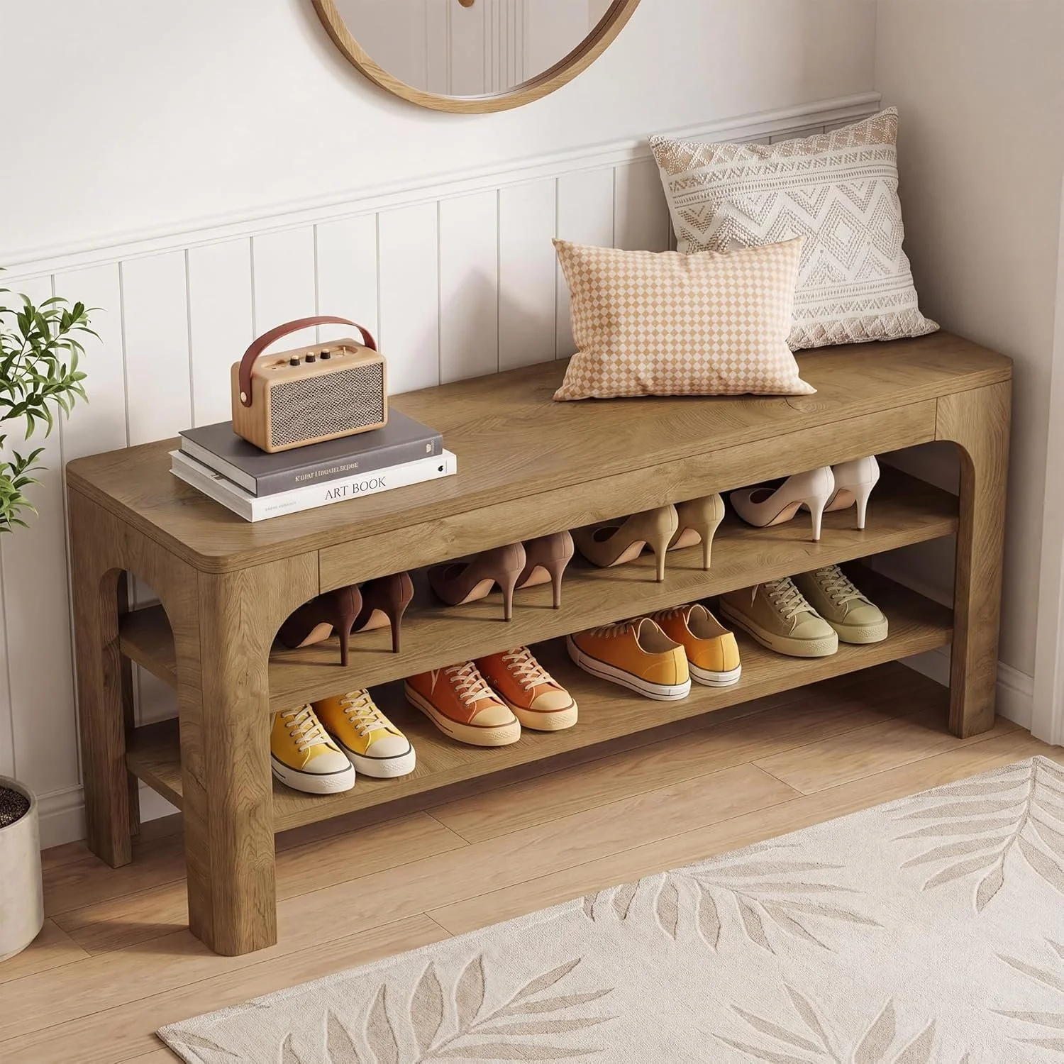 47.2" Wooden Shoe Storage Bench, Farmhouse Entryway Shoe Rack Bench with 2-Tier Open Shelves - Image 6