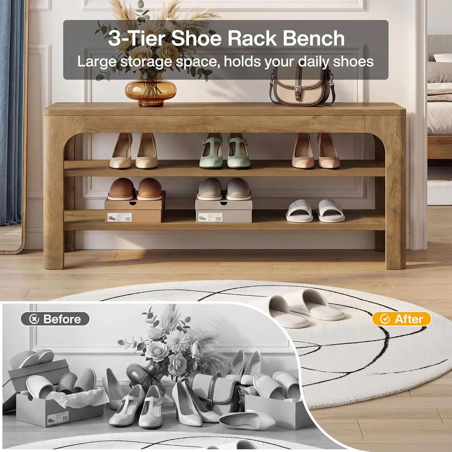 47.2" Wooden Shoe Storage Bench, Farmhouse Entryway Shoe Rack Bench with 2-Tier Open Shelves - Image 8