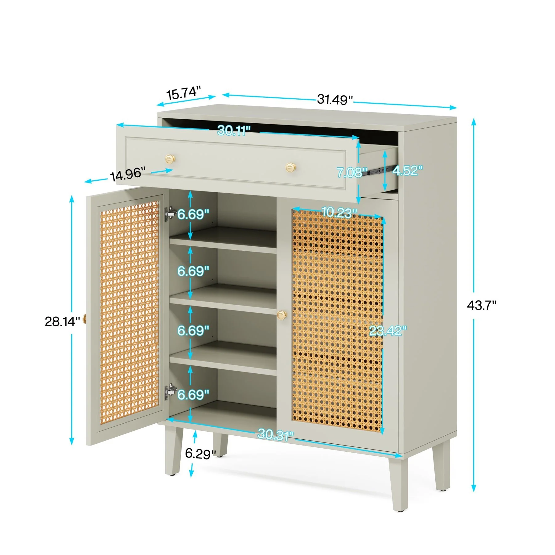 Wooden Shoe Cabinet, Rattan Shoe Organizer with Doors and Drawer - Image 2