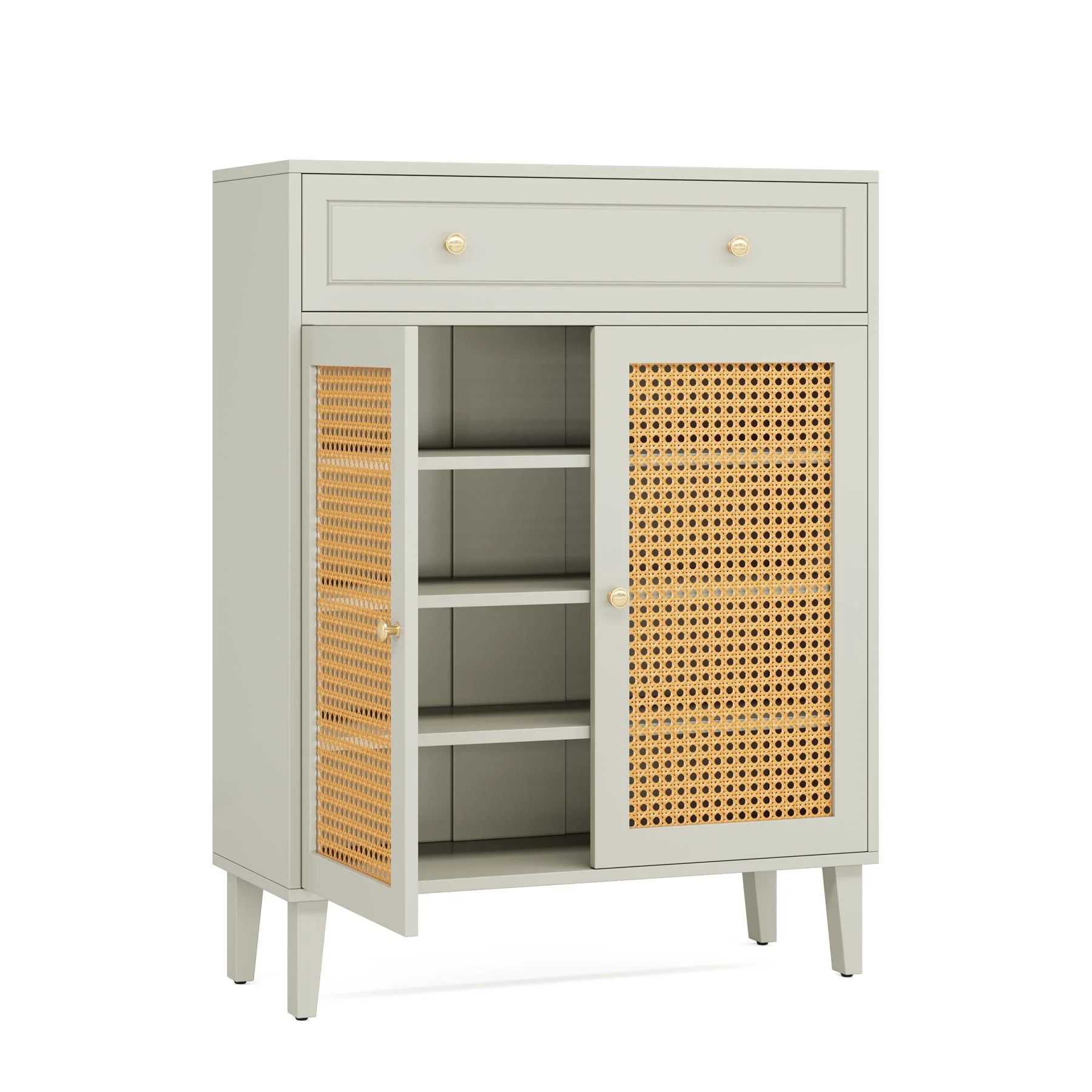 Wooden Shoe Cabinet, Rattan Shoe Organizer with Doors and Drawer - Image 9