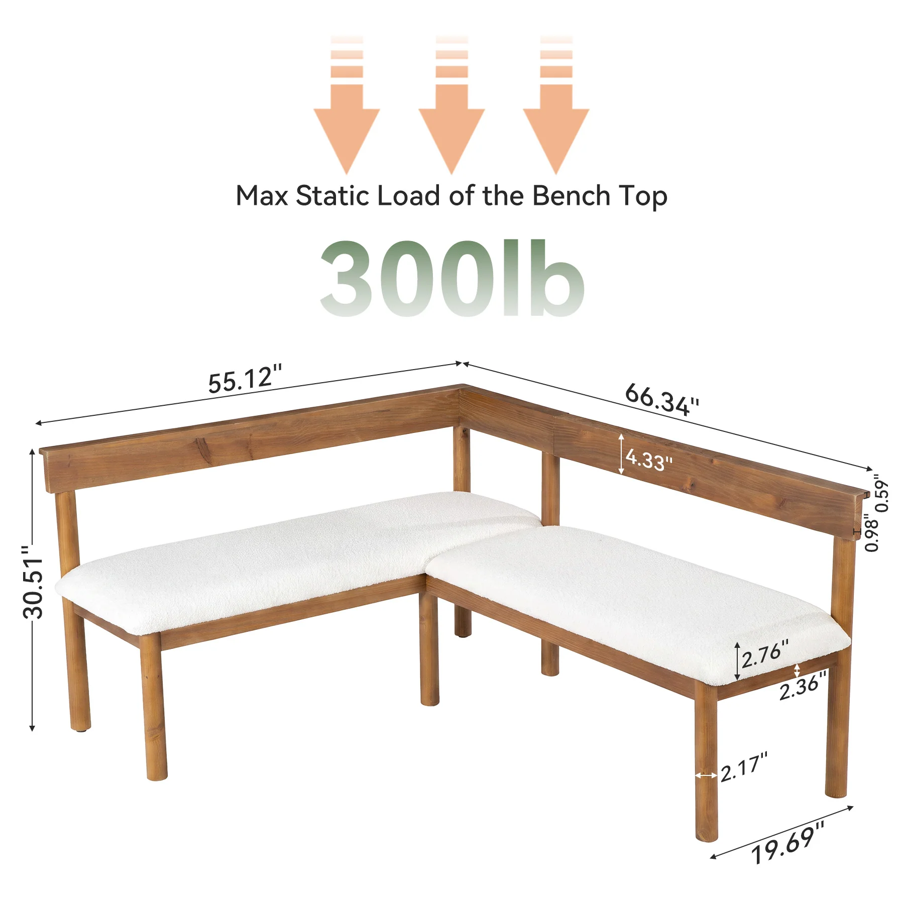 Solid Wood L-Shaped Bench, Upholstered Corner Kitchen Bench with Backrest - Image 2