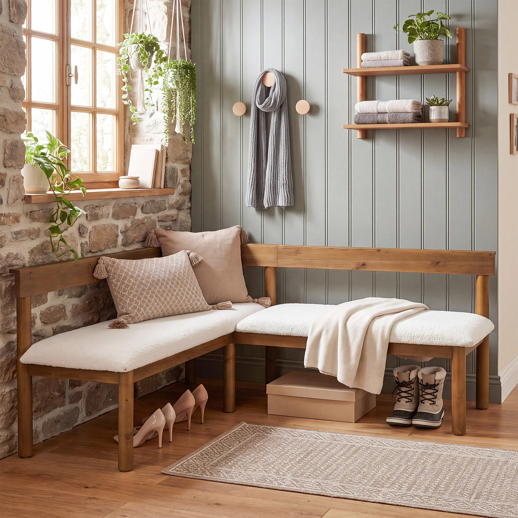 Solid Wood L-Shaped Bench, Upholstered Corner Kitchen Bench with Backrest - Image 3