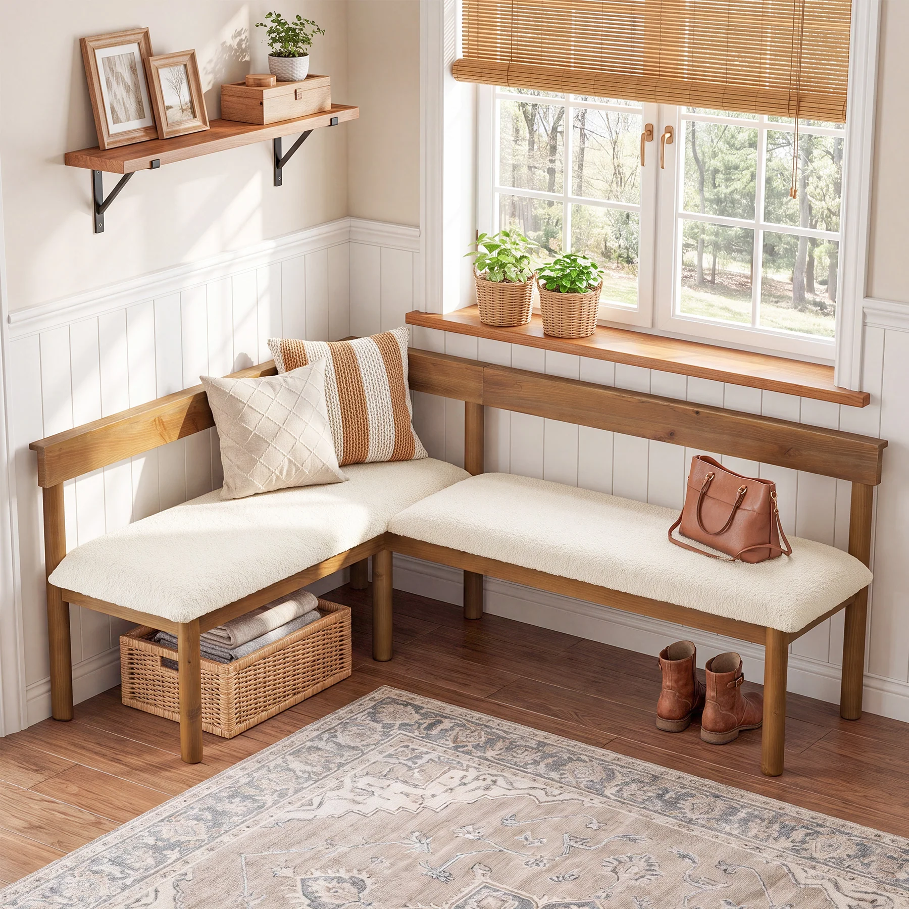 Solid Wood L-Shaped Bench, Upholstered Corner Kitchen Bench with Backrest - Image 4