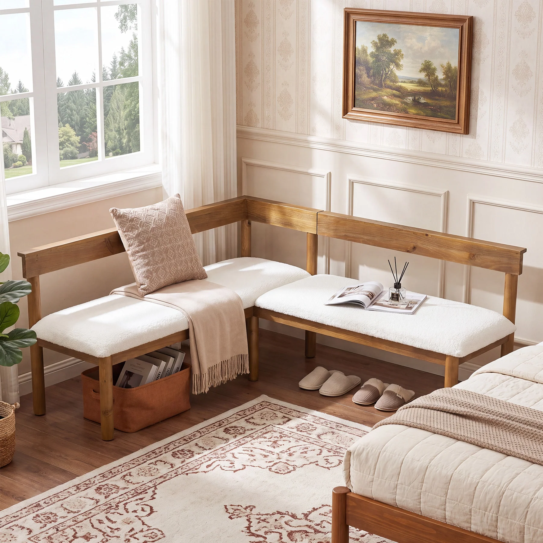 Solid Wood L-Shaped Bench, Upholstered Corner Kitchen Bench with Backrest - Image 6