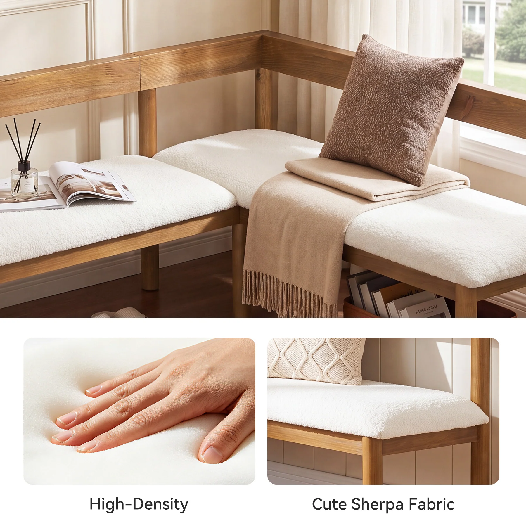 Solid Wood L-Shaped Bench, Upholstered Corner Kitchen Bench with Backrest - Image 7