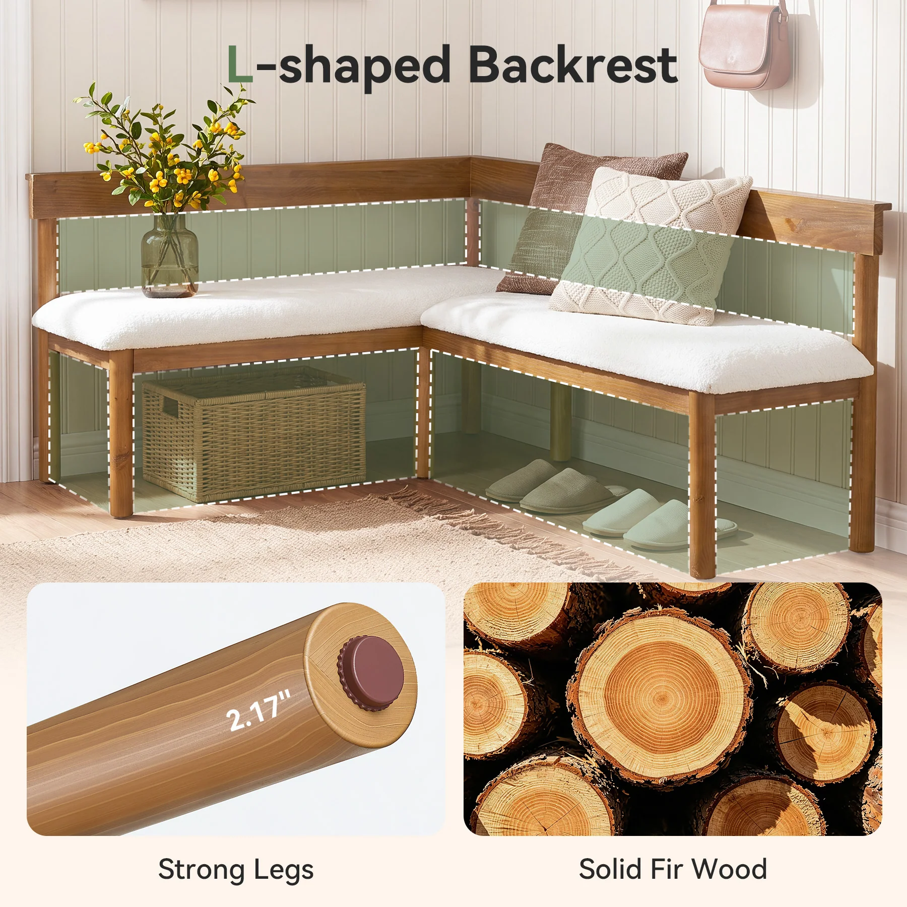 Solid Wood L-Shaped Bench, Upholstered Corner Kitchen Bench with Backrest - Image 8