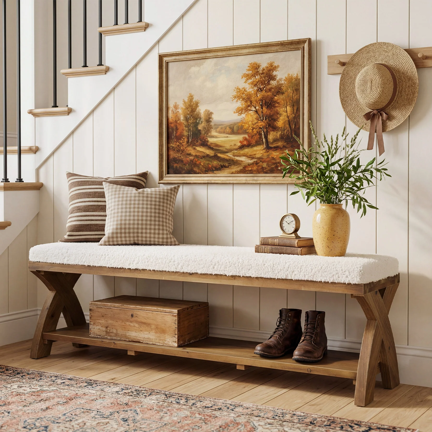 Solid Wood Upholstered Shoe Bench, Entryway Bench with Padded Seat and Storage Shelf - Image 10