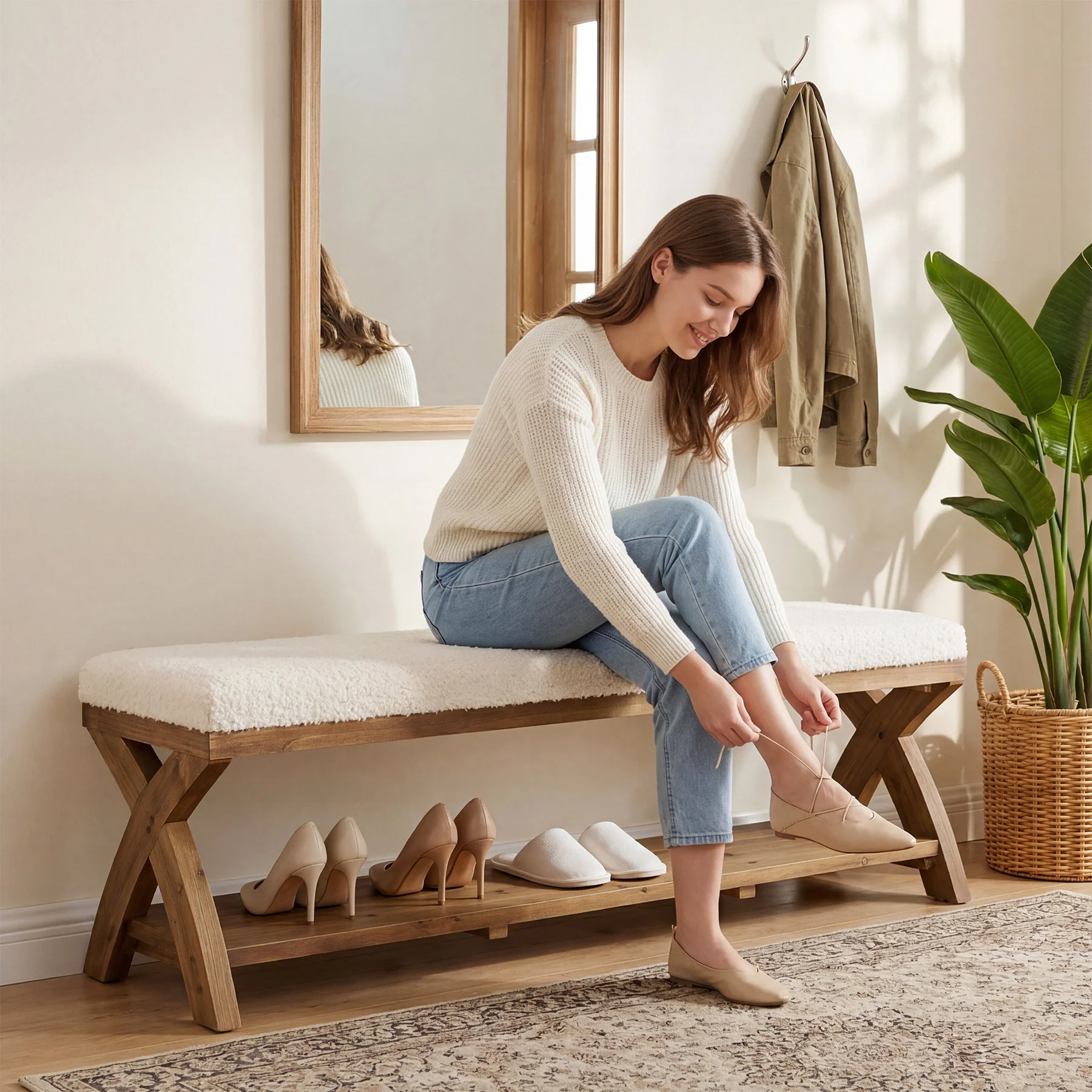 Solid Wood Upholstered Shoe Bench, Entryway Bench with Padded Seat and Storage Shelf - Image 11
