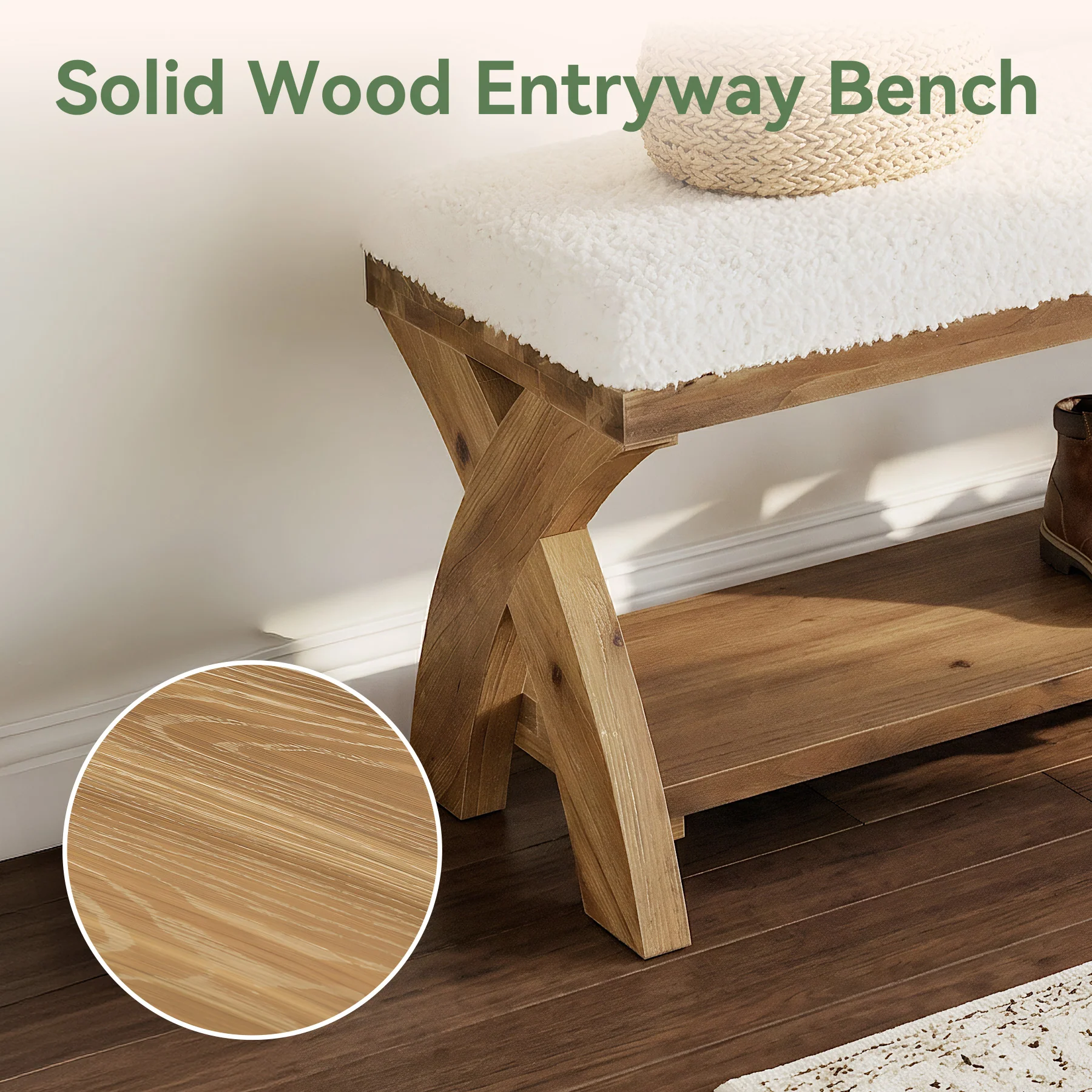 Solid Wood Upholstered Shoe Bench, Entryway Bench with Padded Seat and Storage Shelf - Image 3