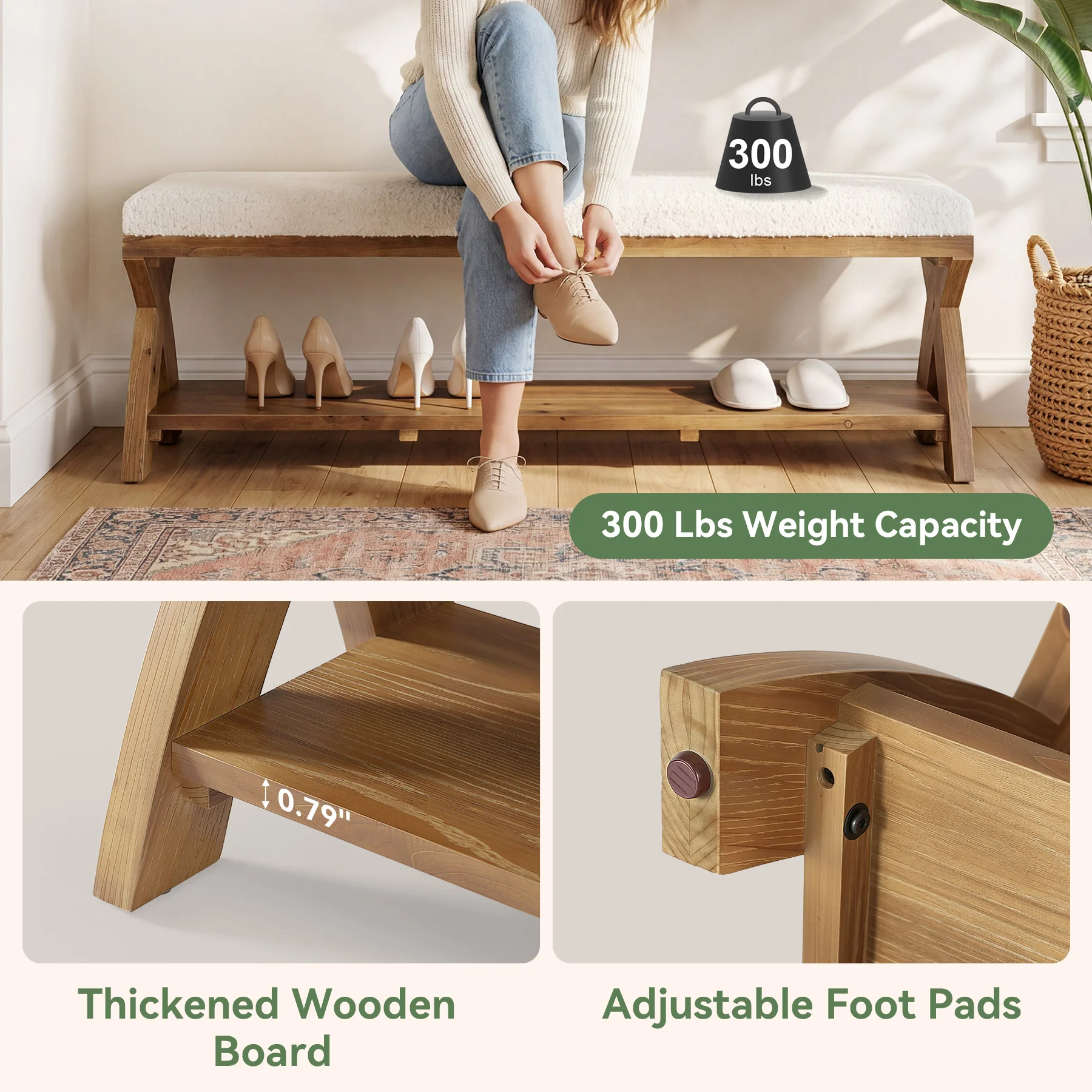 Solid Wood Upholstered Shoe Bench, Entryway Bench with Padded Seat and Storage Shelf - Image 5
