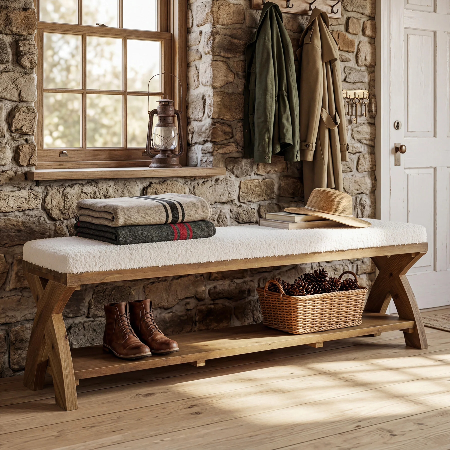 Solid Wood Upholstered Shoe Bench, Entryway Bench with Padded Seat and Storage Shelf - Image 6
