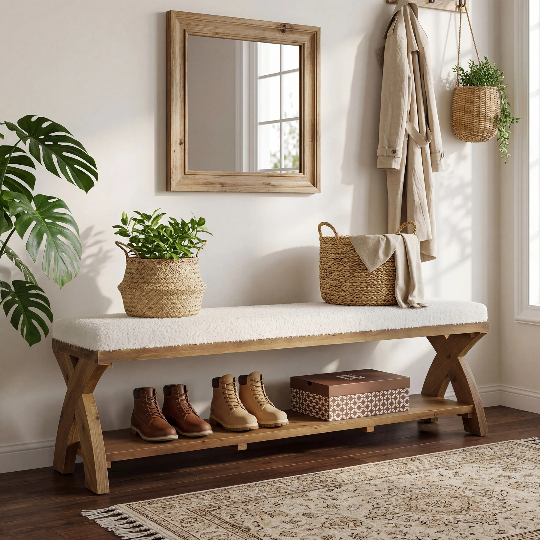 Solid Wood Upholstered Shoe Bench, Entryway Bench with Padded Seat and Storage Shelf - Image 7