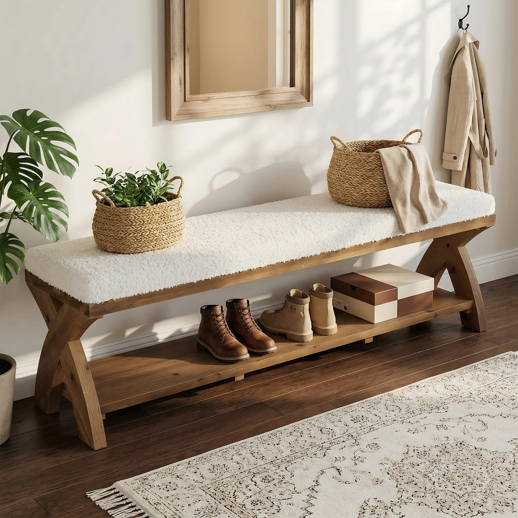 Solid Wood Upholstered Shoe Bench, Entryway Bench with Padded Seat and Storage Shelf - Image 8