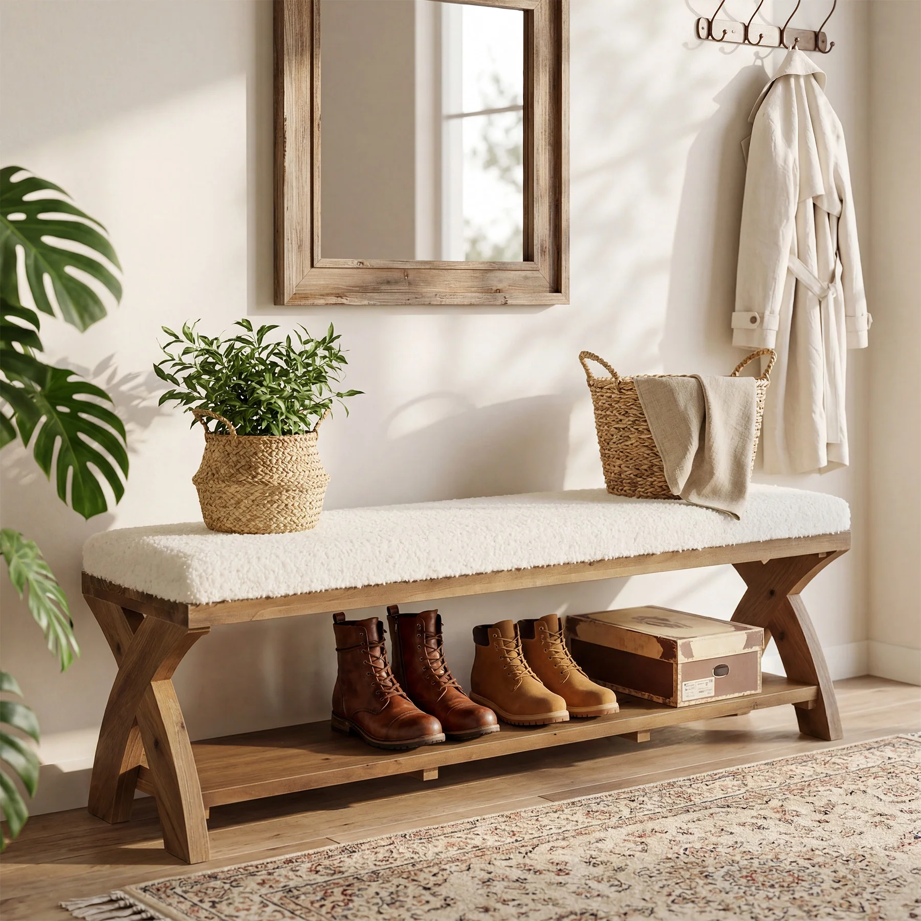 Solid Wood Upholstered Shoe Bench, Entryway Bench with Padded Seat and Storage Shelf - Image 9