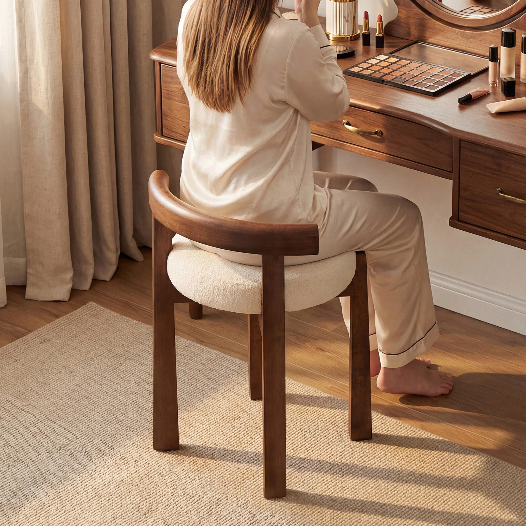 Upholstered Vanity Stool, Makeup Chair with Faux Wool Cushion and Solid Wood Frame (Only Stool) - Image 3