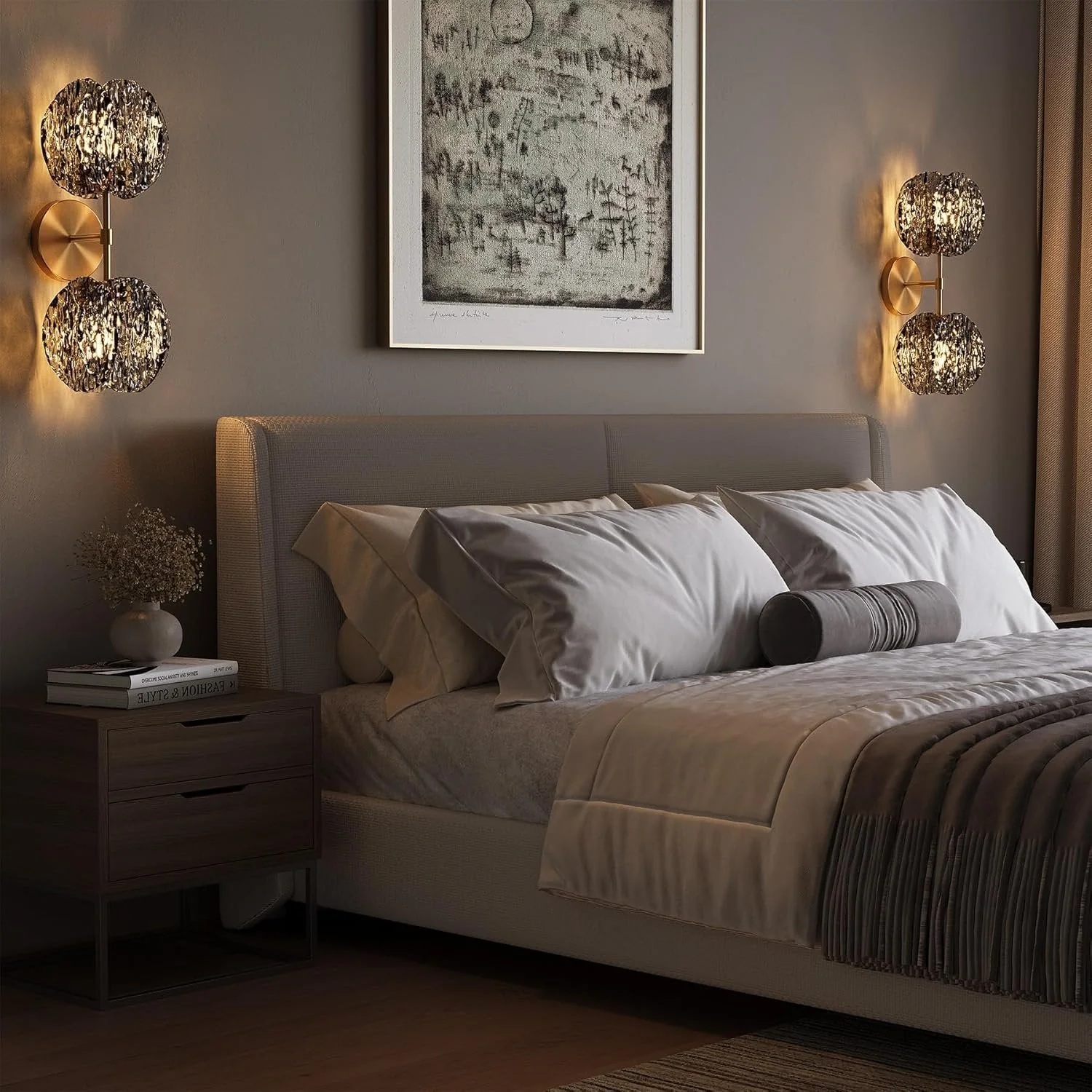 2-Light Crystal Wall Sconce,Vanity Wall Light with Textured Smoke Glass Shade - Image 3