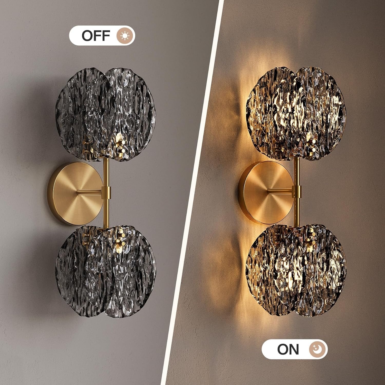 2-Light Crystal Wall Sconce,Vanity Wall Light with Textured Smoke Glass Shade - Image 4