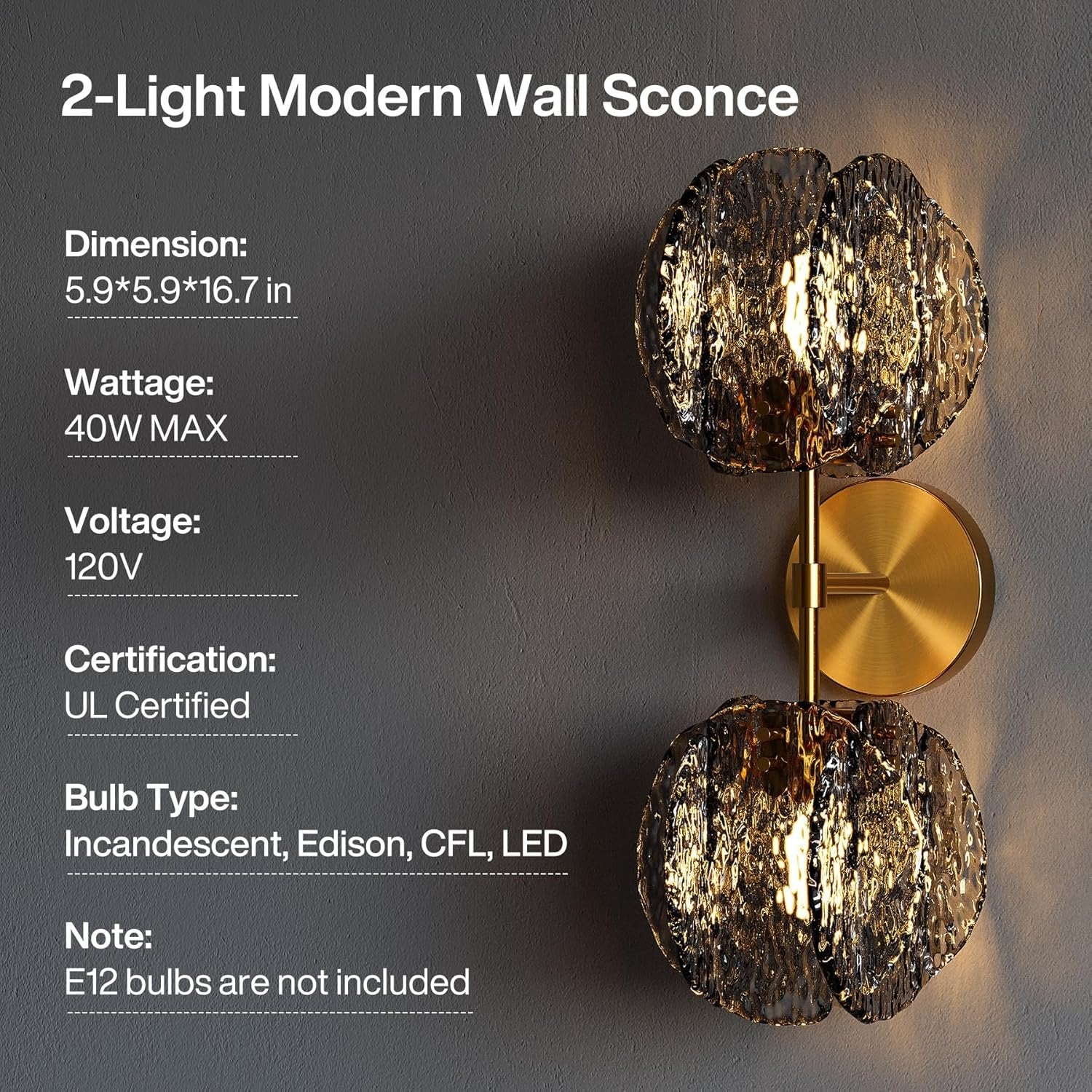 2-Light Crystal Wall Sconce,Vanity Wall Light with Textured Smoke Glass Shade - Image 6