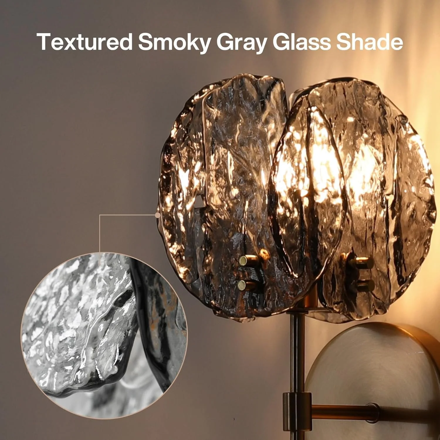 2-Light Crystal Wall Sconce,Vanity Wall Light with Textured Smoke Glass Shade - Image 7