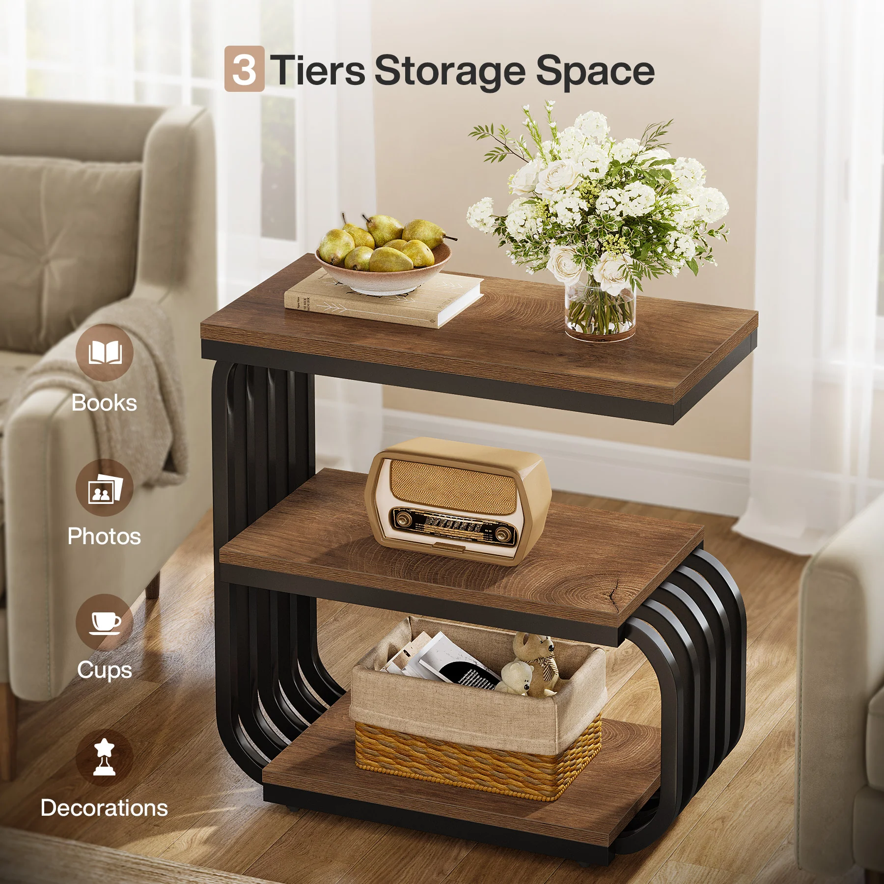 3 Tier End Table, Vintage Side or Bedside Stand for Living Room - Image 7