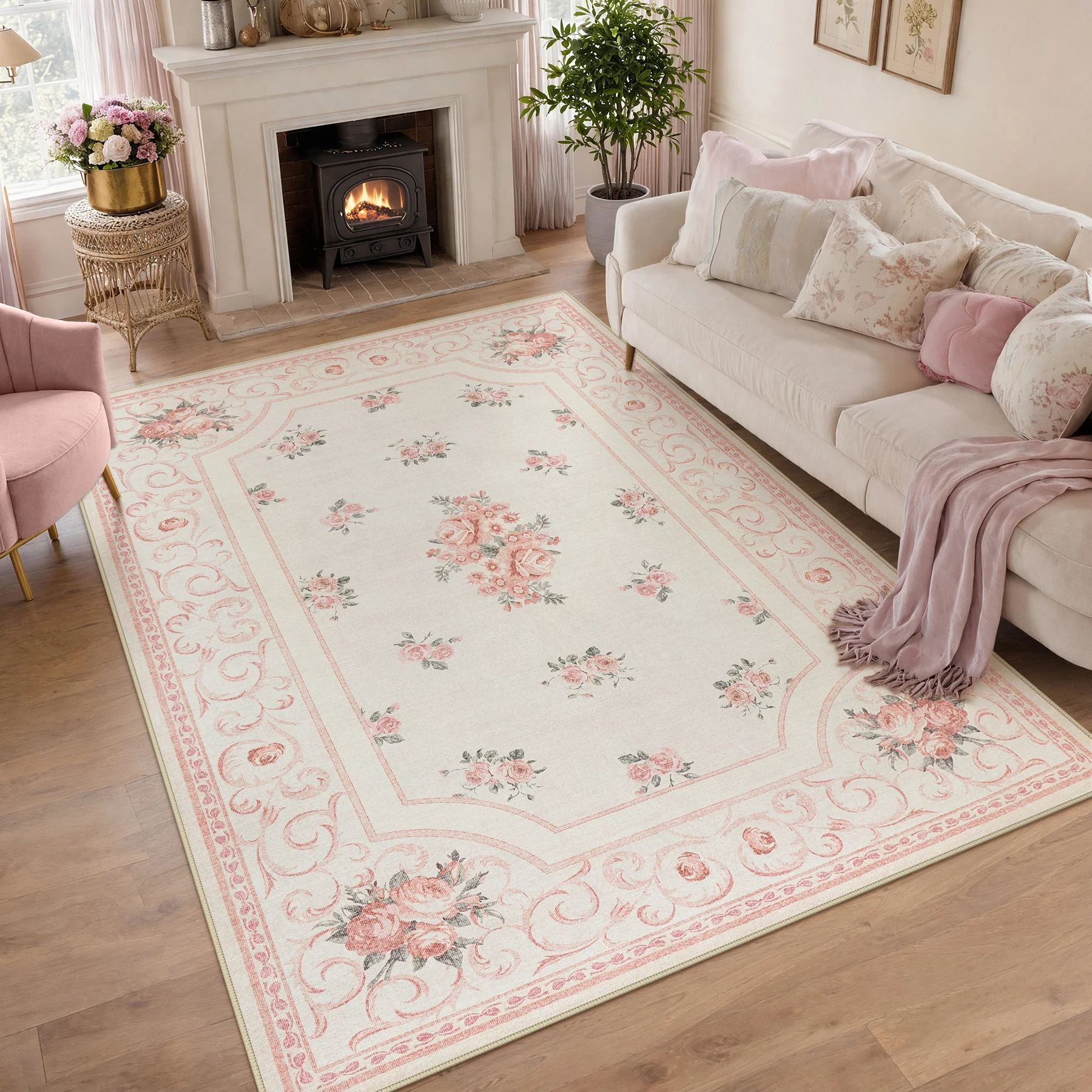 5x7/8x10 Boho Floral Area Rug, Vintage Soft Washable Low Pile Nursery Living Room Carpet, Oeko-Tex Certified