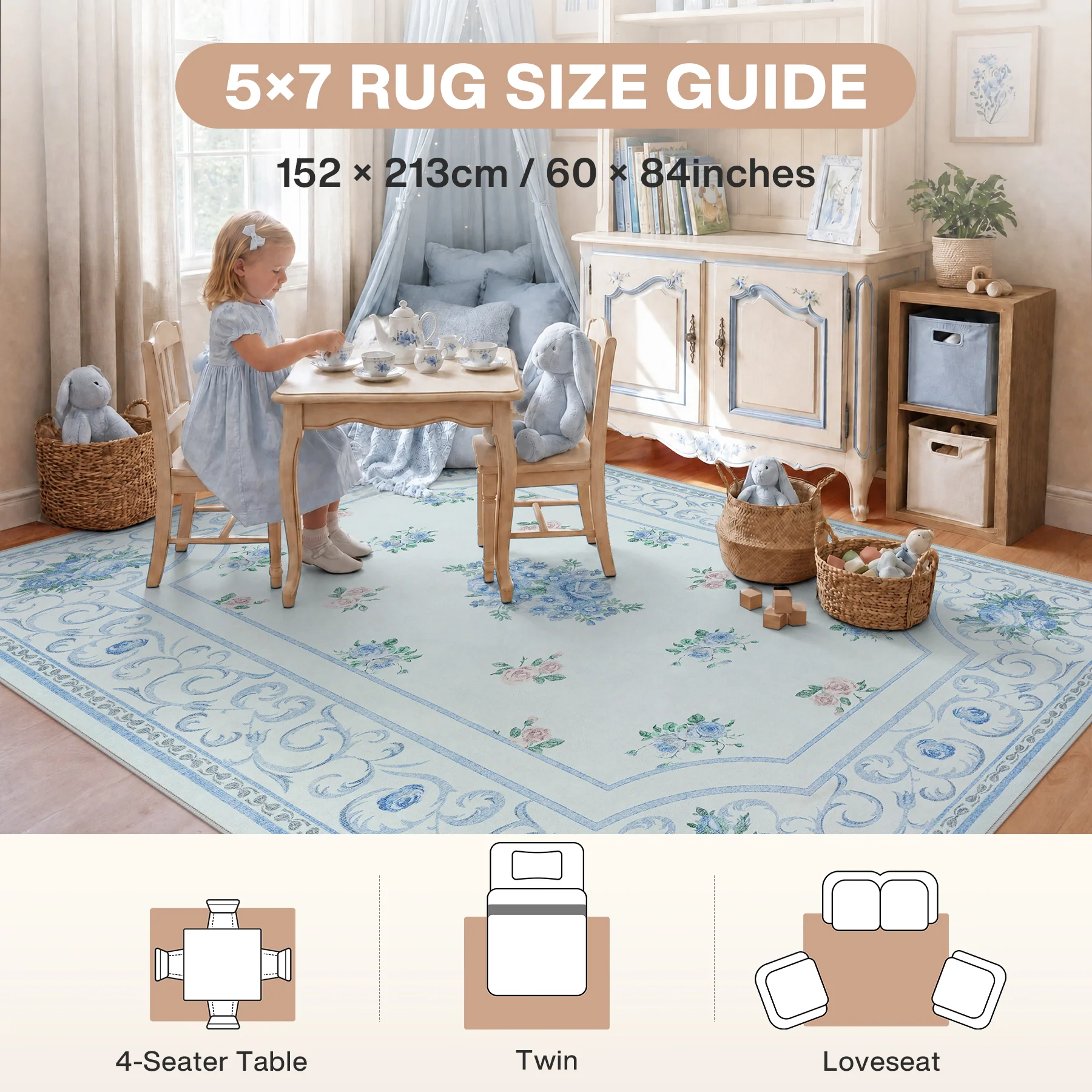 5x7/8x10 Boho Floral Area Rug, Vintage Soft Washable Low Pile Nursery Living Room Carpet, Oeko-Tex Certified - Image 17