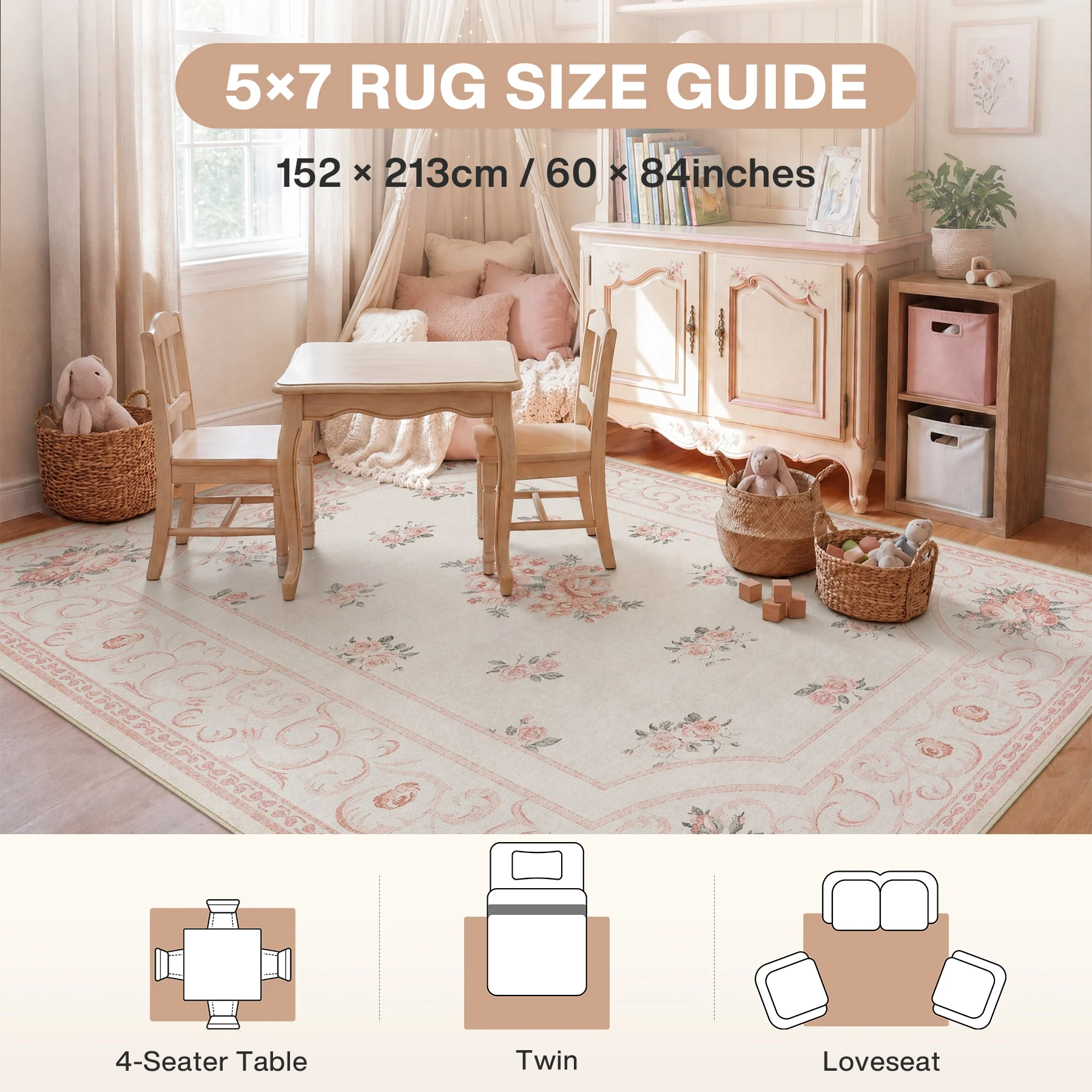 5x7/8x10 Boho Floral Area Rug, Vintage Soft Washable Low Pile Nursery Living Room Carpet, Oeko-Tex Certified - Image 2