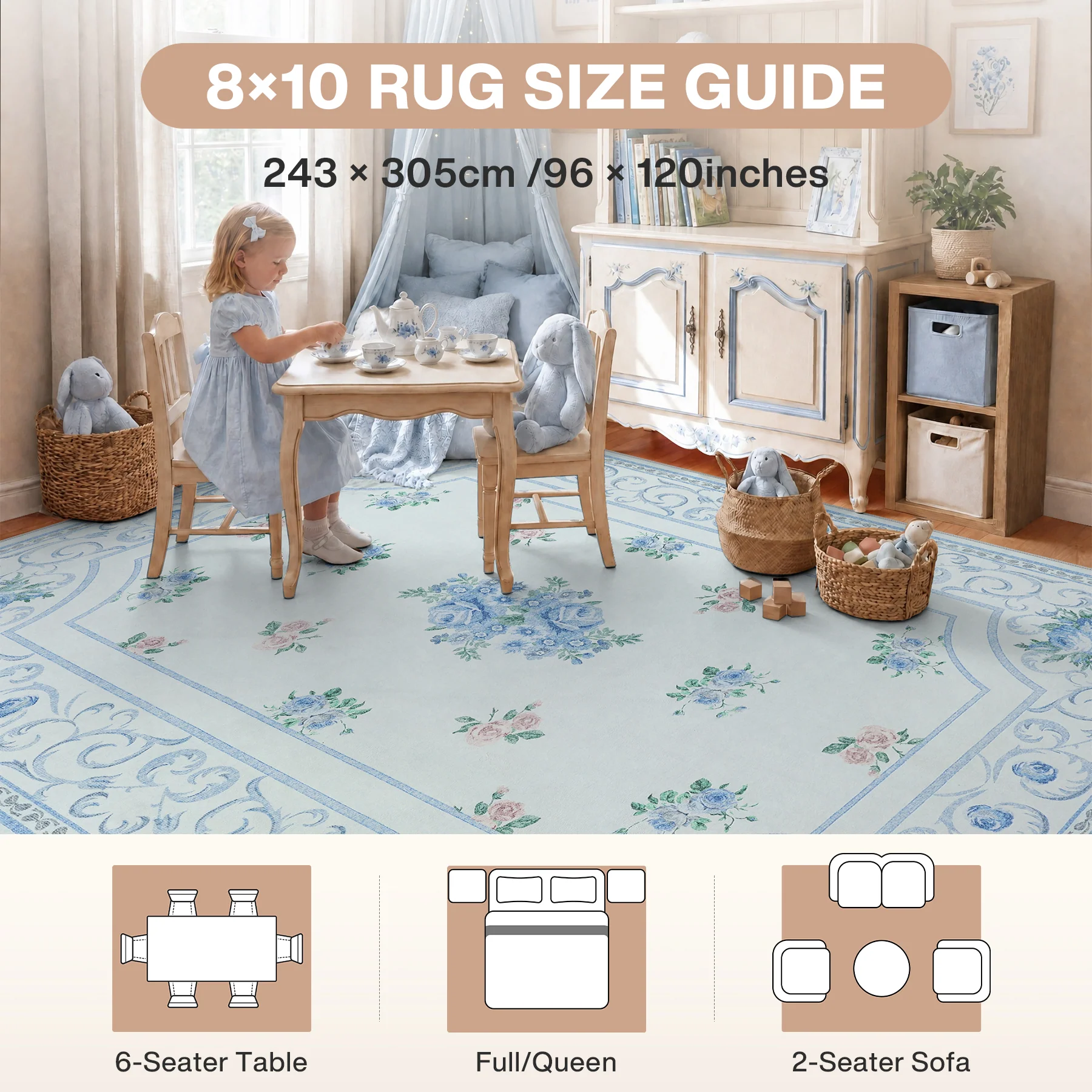5x7/8x10 Boho Floral Area Rug, Vintage Soft Washable Low Pile Nursery Living Room Carpet, Oeko-Tex Certified - Image 22