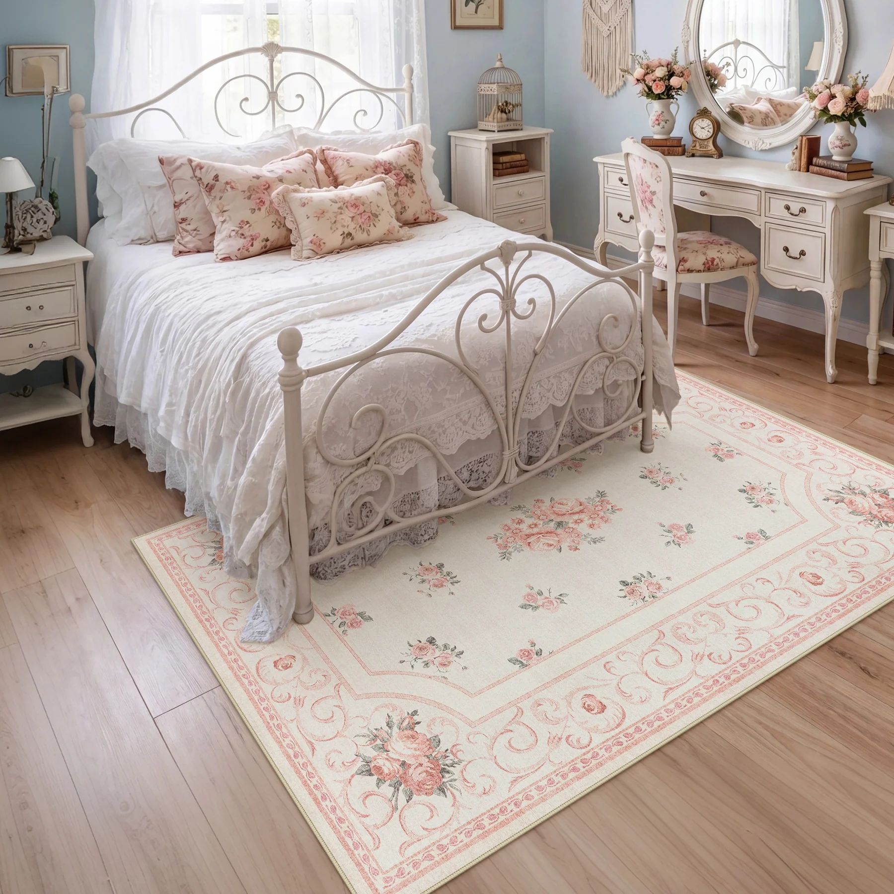 5x7/8x10 Boho Floral Area Rug, Vintage Soft Washable Low Pile Nursery Living Room Carpet, Oeko-Tex Certified - Image 3
