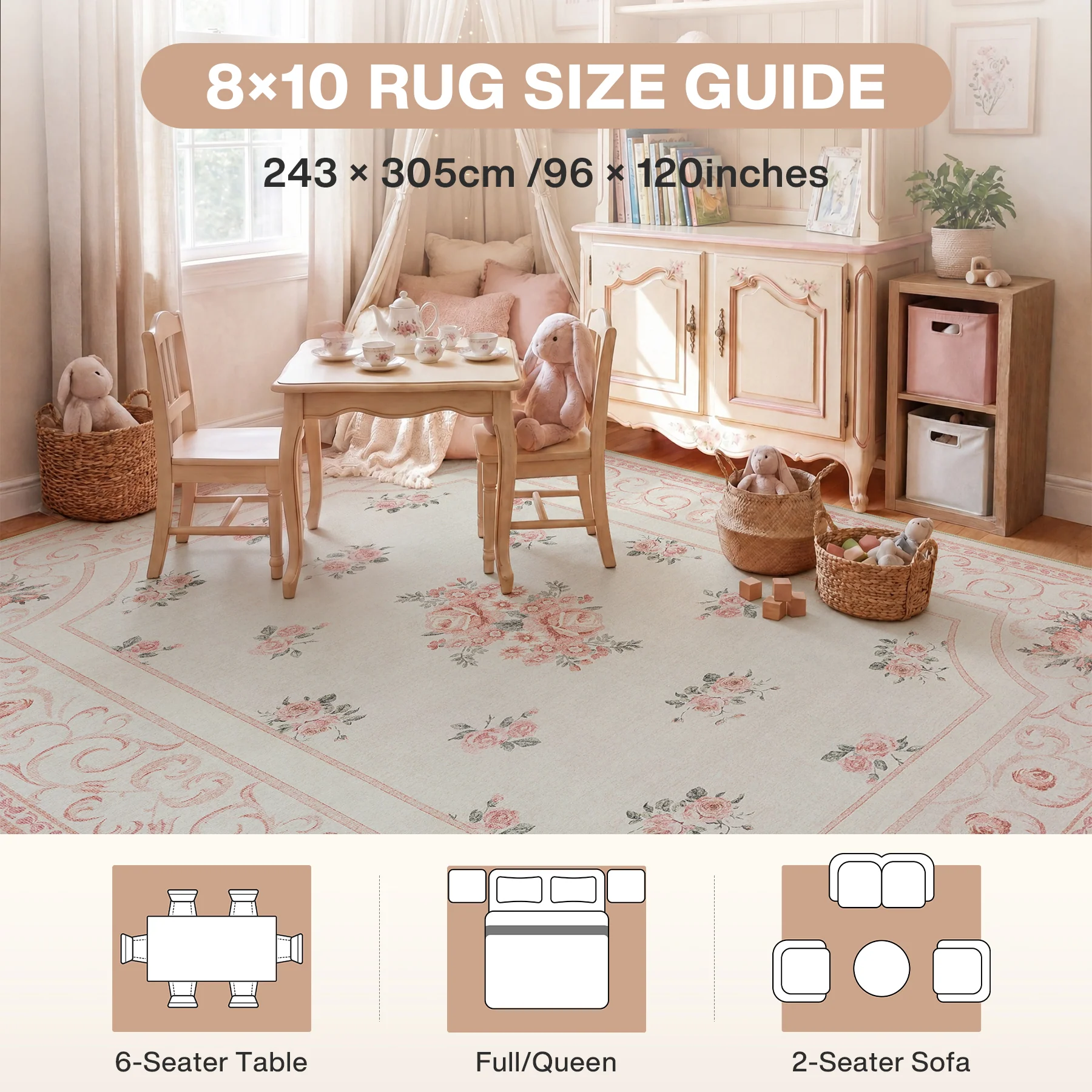 5x7/8x10 Boho Floral Area Rug, Vintage Soft Washable Low Pile Nursery Living Room Carpet, Oeko-Tex Certified - Image 8