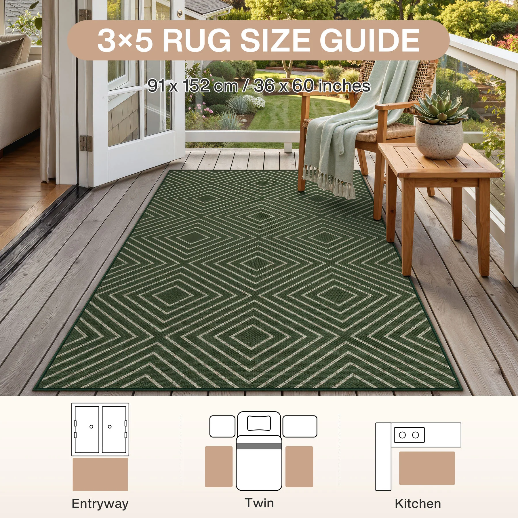 3x5 Modern Easy Jute Geometric Patio Rug, Washable Area Rugs Non-Slip Low Pile Carpet, Oeko-Tex Certified - Image 2