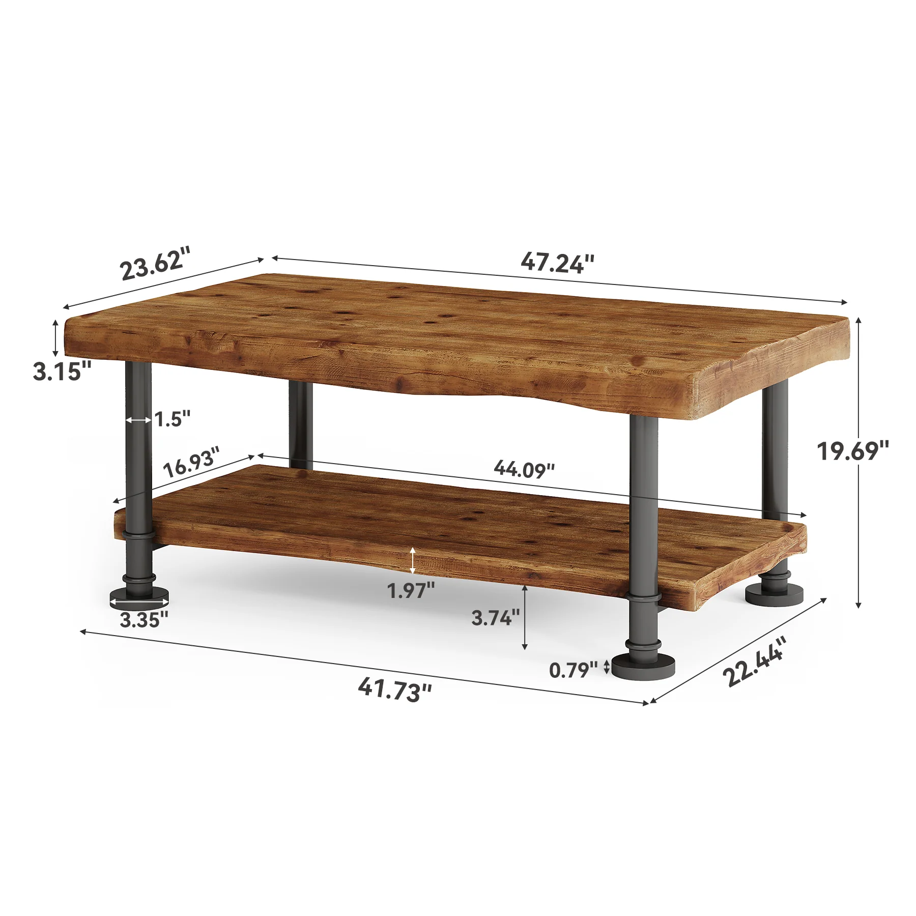 47" Coffee Table, Rectangular Wood Accent Center Table with 2-Tier Shelf - Image 2