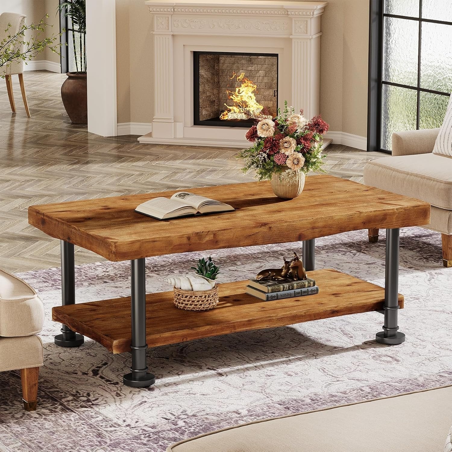 47" Coffee Table, Rectangular Wood Accent Center Table with 2-Tier Shelf - Image 3